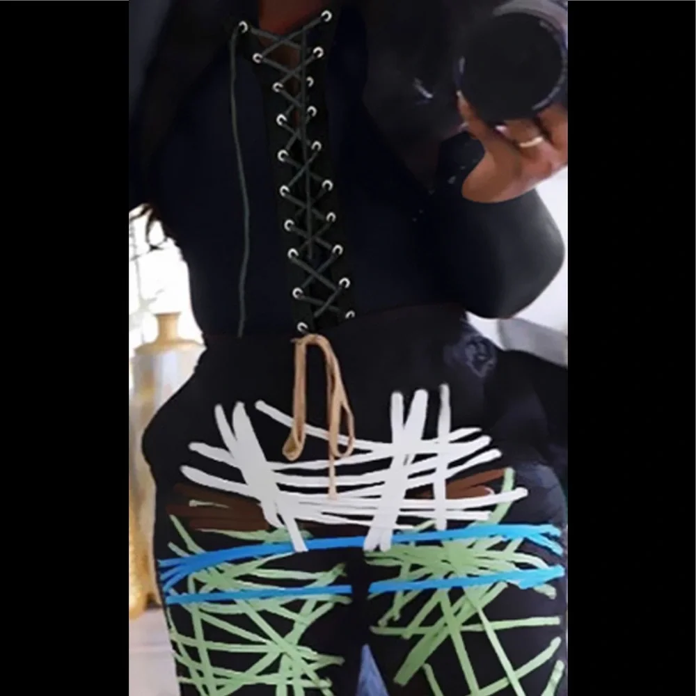 Abstract Neon Lace-Up Jogger Pants - Black with Multicolor..  NWOT...